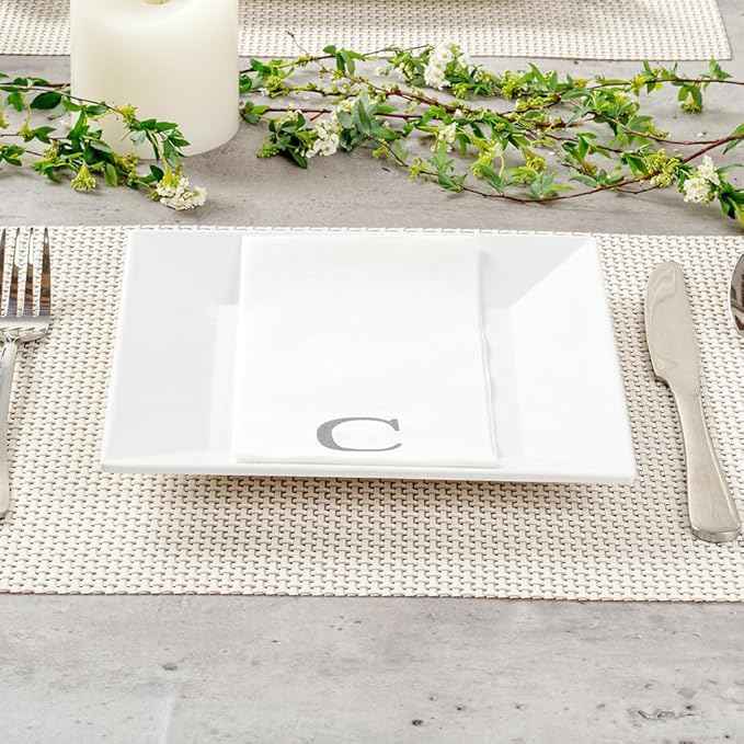 Luxenap 15.8 X 7.9 Inch Linen-Feel Guest Towels, 50 Lettered Hand Towels - Silver Letter 'C', Sans Serif Font, White Paper Dinner Napkins, airlaid, For Restrooms And Tables - Restaurantware