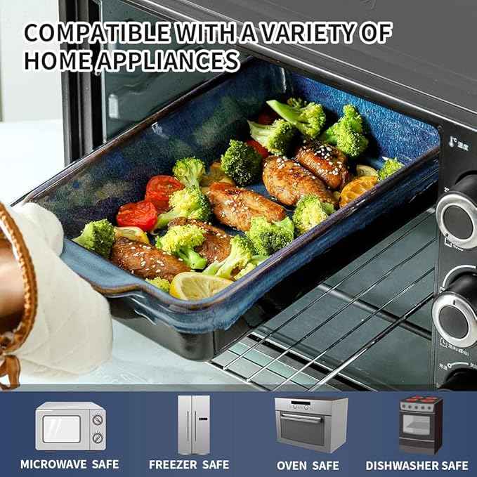 KOOV Bakeware Set, Ceramic Baking Dish, Rectangular Casserole Dish, Lasagna Pan, Baking Pans for Cooking, Cake Dinner, Kitchen, 9 x 13 Inches, Reactive Glaze 3-Piece (Nebula Blue)