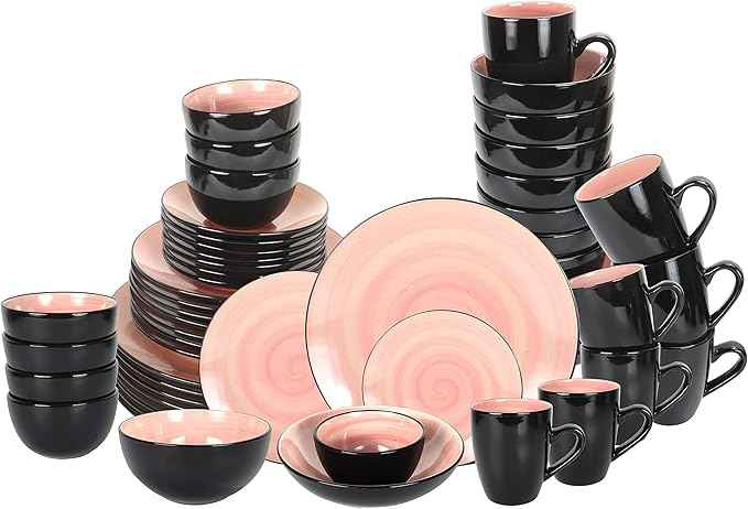 Stoneware Sonoma 56pc Dinnerware Set, Black + Speckled Spin Wash Rose