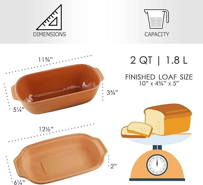 Eurita Clay Roaster, Non-Stick Bread Pan & Lid, Healthy Clay Pot Cooking, With Free Recipe Guide, 2 Quarts