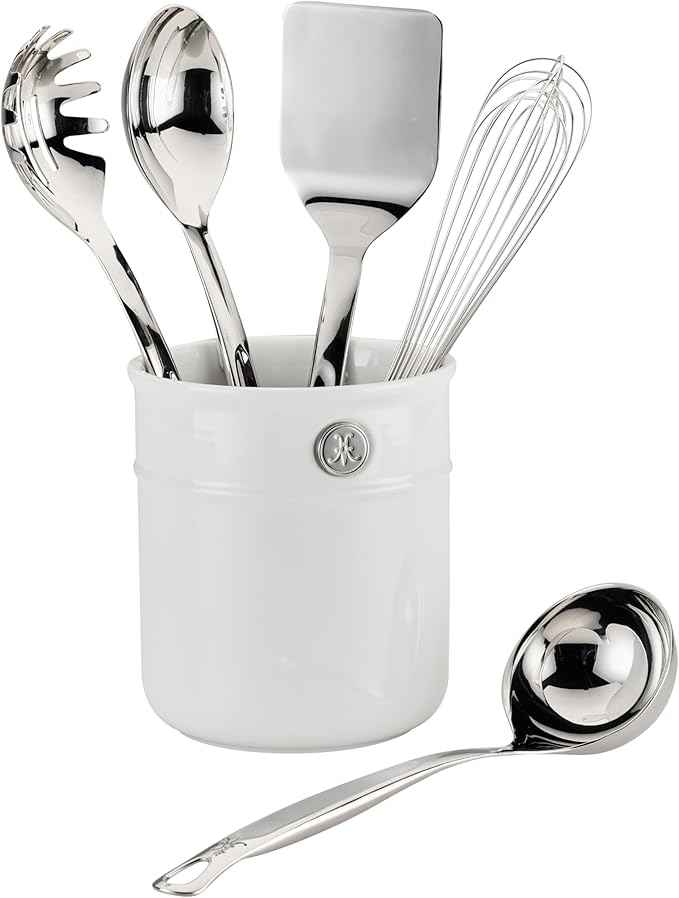 Hestan Provisions Chef's Tools, Deluxe Tool Set (6-Piece) with Porcelain Holder/Bain Marie & Stainless Steel: Solid Spoon, Ladle, Pasta Fork, Turner/Spatula, French Whisk
