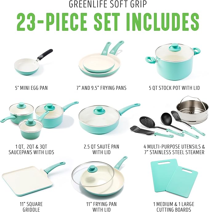 GreenLife Soft Grip 23 Piece Kitchen Cookware Pots and Frying Saucepans Set, Healthy Ceramic Nonstick PFAS and PFOA-Free, Dishwasher and Oven Safe, Even Heating, Easy Clean, Warp Control, Turquoise