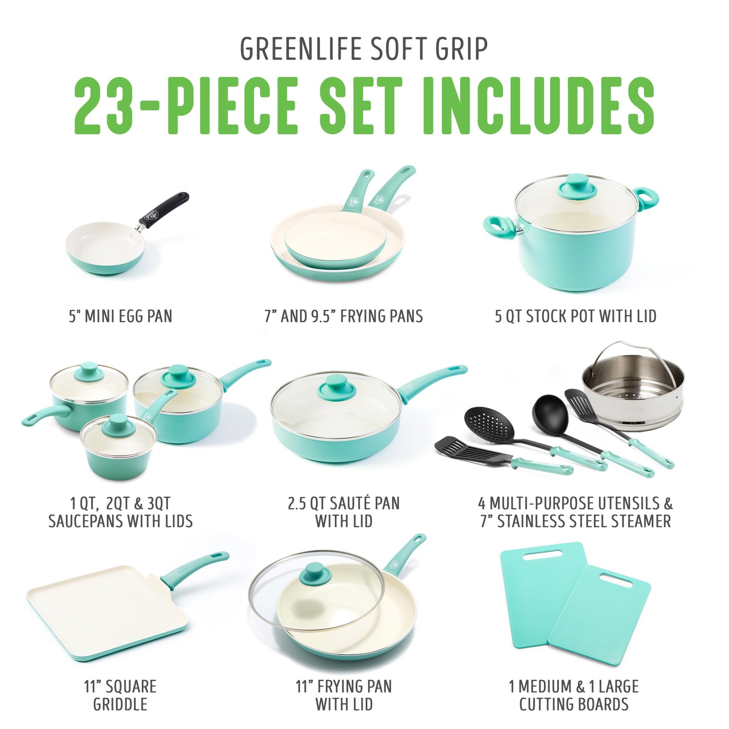 Soft Grip 23 Piece Kitchen Cookware Pots and Frying Saucepans Set (23 Piece Cookware Set / Turquoise)