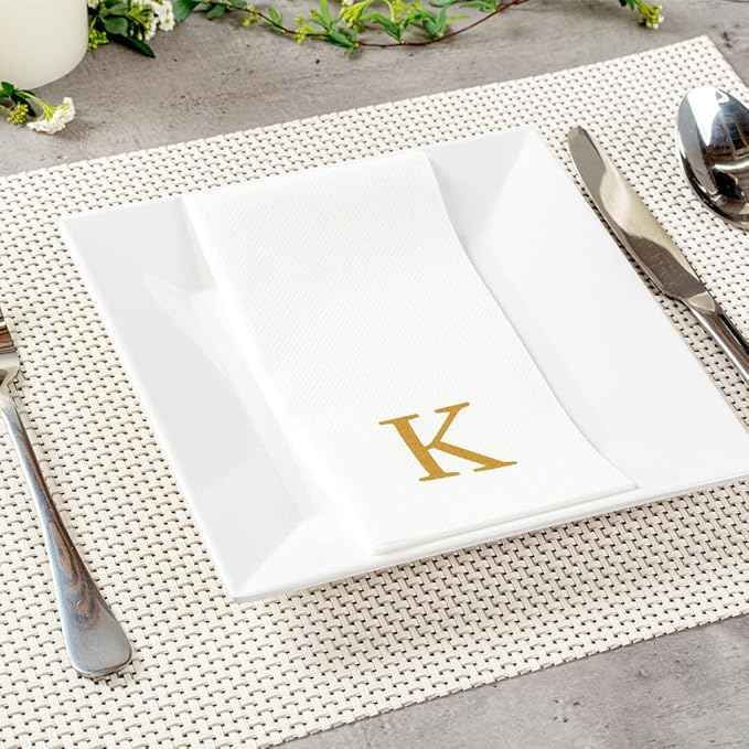 Luxenap 15.8 X 7.9 Inch Linen-Feel Guest Towels, 50 Lettered Hand Towels - Gold Letter 'K', Sans Serif Font, White Paper Dinner Napkins, airlaid, For Restrooms And Tables