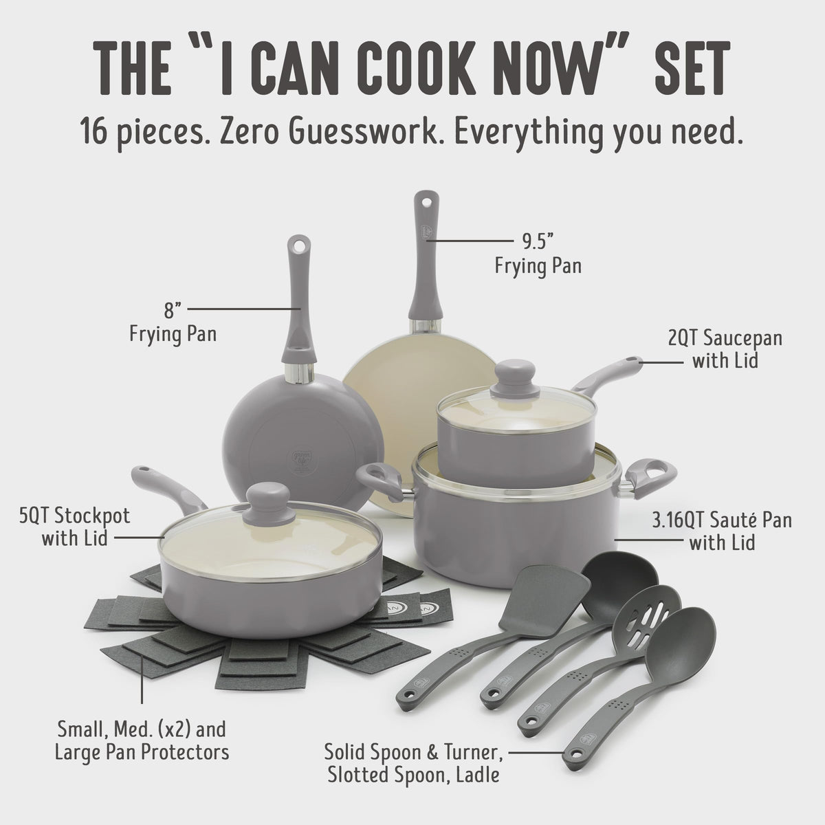 16pc Ceramic Nonstick Pots & Pans Cookware Set (16 Piece Cookware Set / Bloom / Gray)