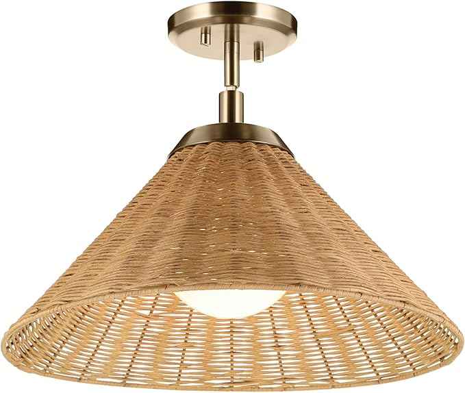 KICHLER Bekah 1-Light Convertible Pendant, Global Boho Light with Opal Glass and Handwoven Rattan Shade in Champagne Bronze, Sloped Ceiling Compatible, for Kitchen or Bedroom (10" x 18"), 52729CPZ