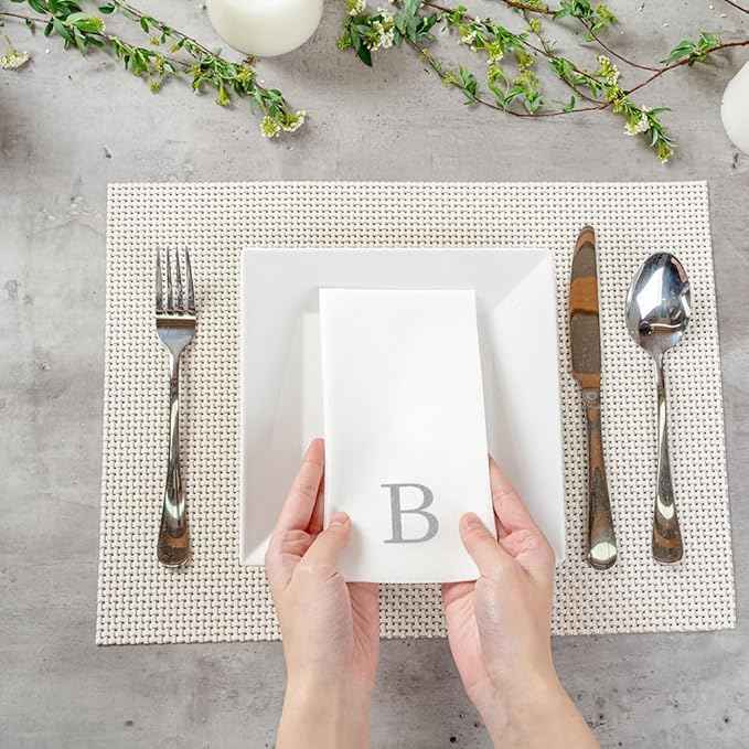 Luxenap 15.8 X 7.9 Inch Linen-Feel Guest Towels, 50 Lettered Hand Towels - Silver Letter 'B', Sans Serif Font, White Paper Dinner Napkins, airlaid, For Restrooms And Tables - Restaurantware
