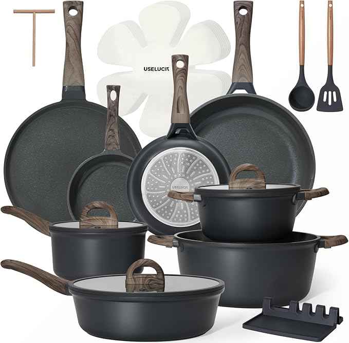 Pots and Pans Set Nonstick 22 Pcs, Ceramic cookware set Non-Toxic CoatingGray Granite Kitchen Cookware Set, Induction Kitchen Cooking Set w/Frying Pans, Saucepans & Glass Lids, PFOS & PFOA Free