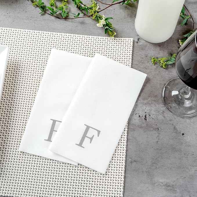 Luxenap 15.8 X 7.9 Inch Linen-Feel Guest Towels, 2000 Lettered Hand Towels - Silver Letter 'F', Sans Serif Font, White Paper Dinner Napkins, airlaid, For Restrooms And Tables - Restaurantware