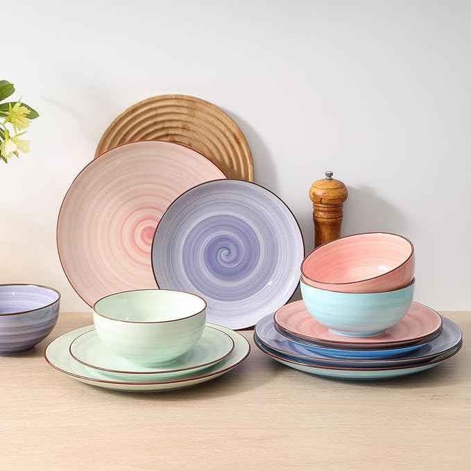 Selamica Ceramic 16-Pieces Dinnerware Set, Ceramic Dishes Set for 4, Kitchen Plates and Bowls Sets, Dinner Plates Set, Spray Black Dots, Gradient Color