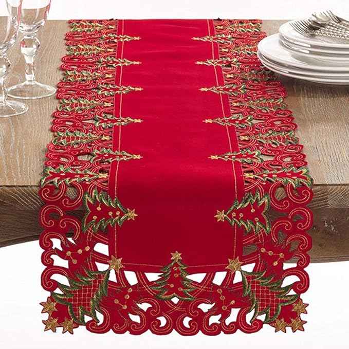 Fennco Styles Holiday Embroidered Christmas Tree Cutwork Border Table Linens – Ivory and Red Table Linens for Christmas Dinner, Family Gathering, and Special Events (Red, 16"x108" Table Runner)