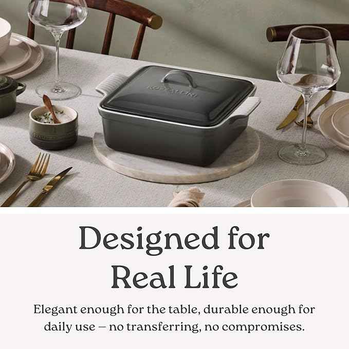 Stoneware Casserole Dish Bakeware with Lid | Covered Square Dinnerware | Large 2.5 Quart, [Oyster Grey]