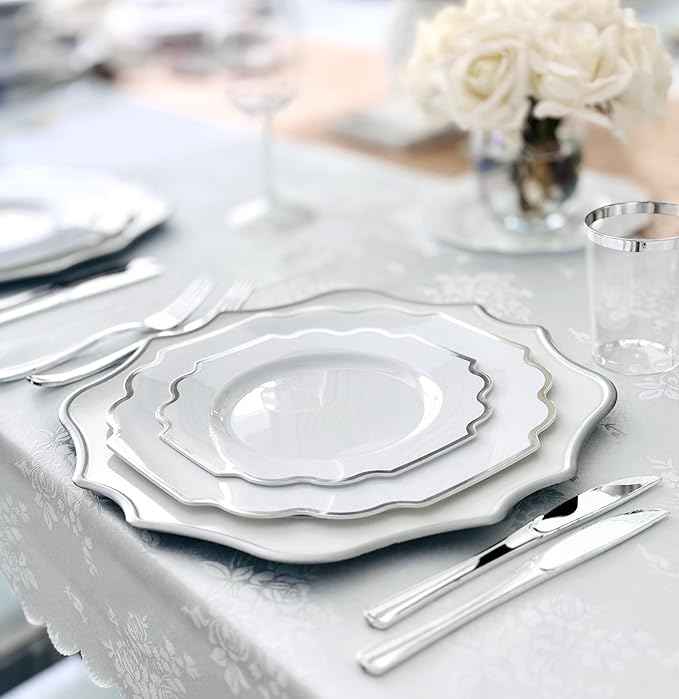 " OCCASIONS " 200 Piece set (25 Guests)-Wedding Plastic Plates & cutlery -Disposable heavyweight Dinnerware 10.5'', 8'' + Silverware + 10oz Cups + Napkins (Imperial in White & Silver Rim)