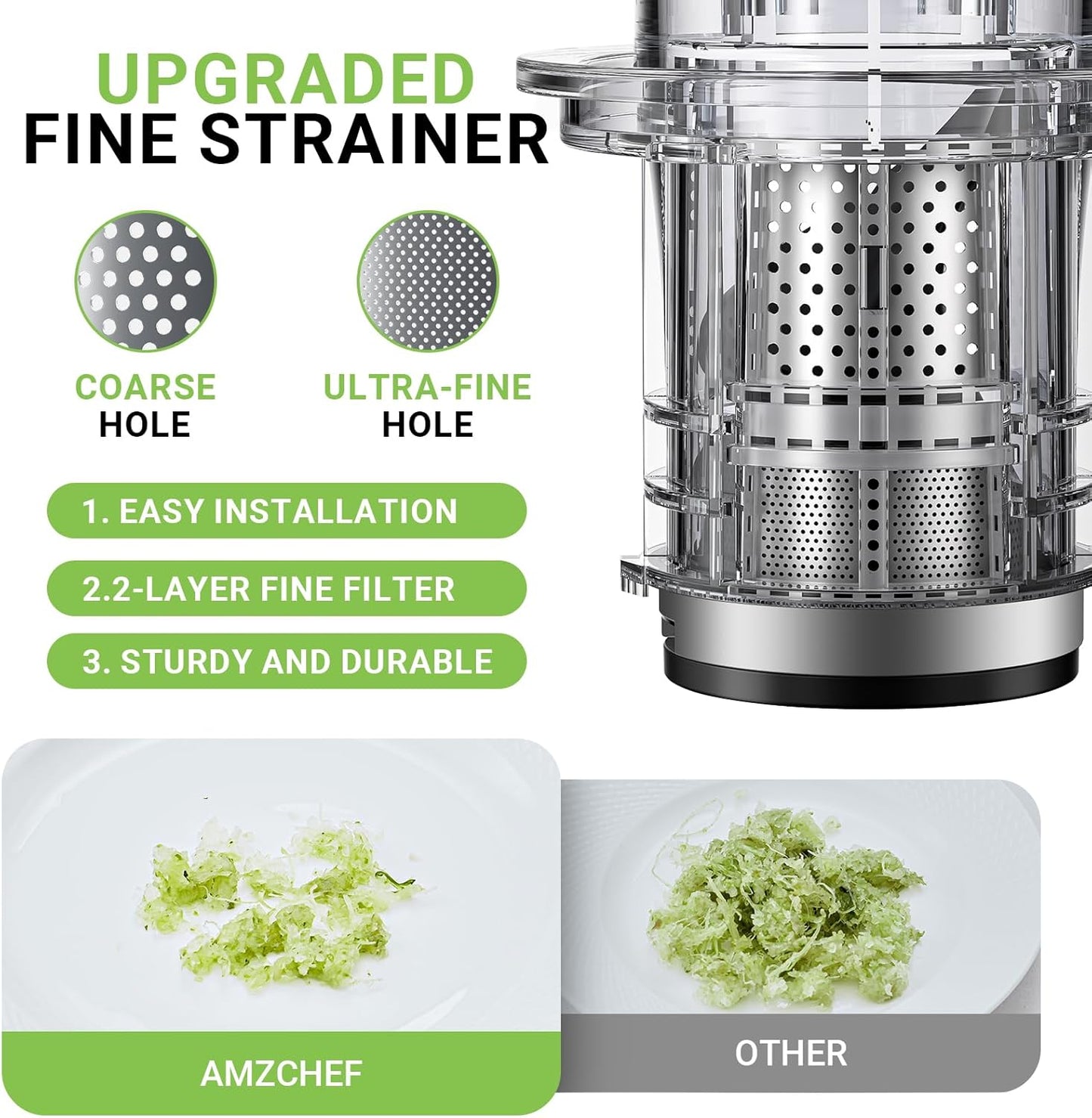AMZCHEF Cold Press Juicer, 3.1" Juicer Machines with Large Feed Chute for Whole Fruits & Vegetables, Stainless Steel Juice Extractor with Large Auger, Dual Strainers, Easy Cleanup & Assembly