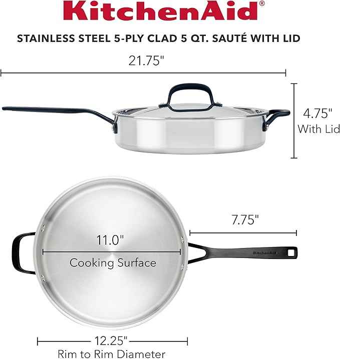 KitchenAid 5-Ply Clad Stainless Steel Stainless Steel Induction Saute Pan with Lid, 5 Quart - Polished Stainless Steel