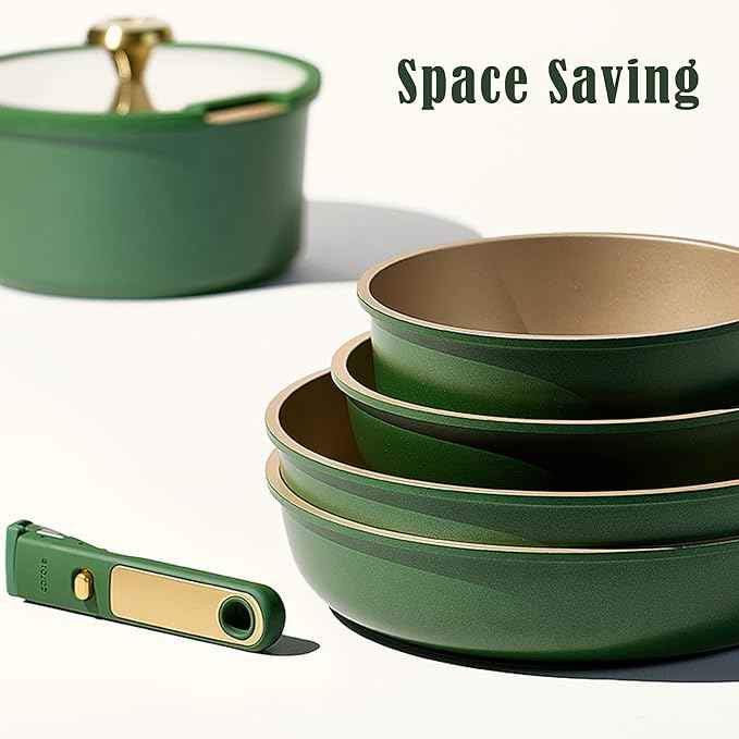 CAROTE Green&Gold Nonstick Cookware Set,15Pcs Pots and Pans Set Non Stick Detachable/Removable Handle,Kitchen Cooking Set Dishwasher Safe, RV Kitchen Pot and Pan, Induction Cookware