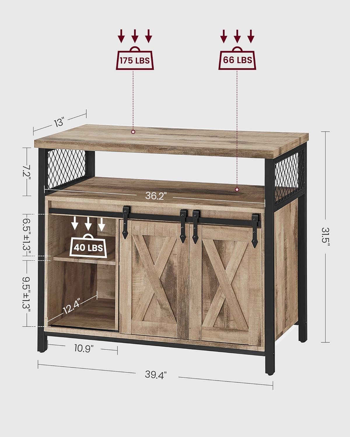 VASAGLE Buffet Cabinet, Coffee Bar Storage Cabinet, Sideboard with 2 Sliding Barn Doors, Adjustable Shelves, 13 x 39.4 x 31.5 Inches, for Living Room, Camel Brown and Ink Black ULSC092B50