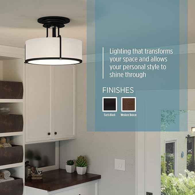 Quoizel Rigel Semi-Flush Mount Ceiling Light Fixture, 18 Inch 3-Light 100W Western Bronze Hanging Light with Beige Fabric & Frosted Glass Shade for Hallway, Kitchen, Bedroom, Living Room or Office