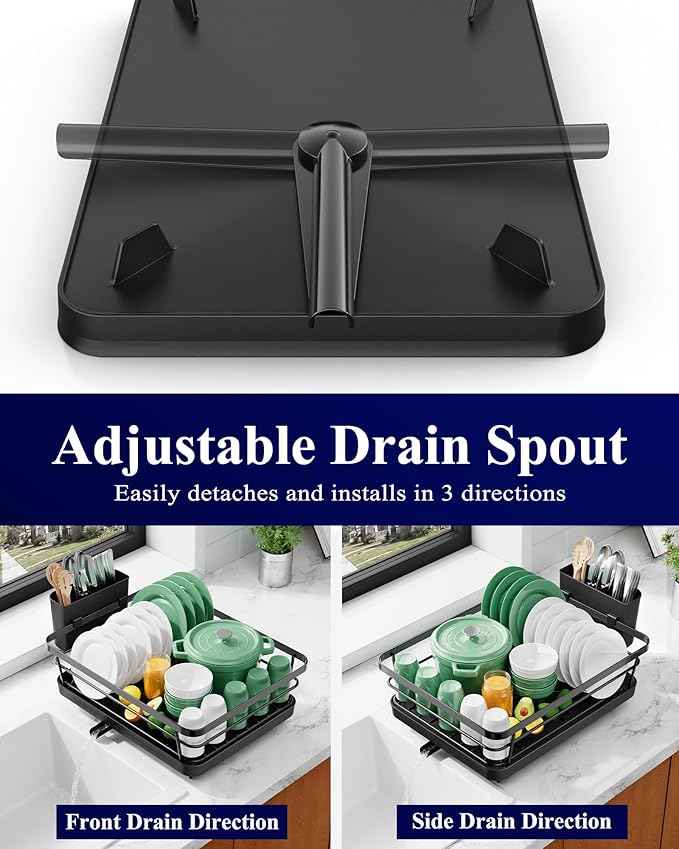 Kitsure Dish Drying Rack for Kitchen Counter, Stainless Steel Sink Organization and Storage Essentials with Cutlery Holder, Home and Appartment Decor, 12''W x 15.5''L, Black