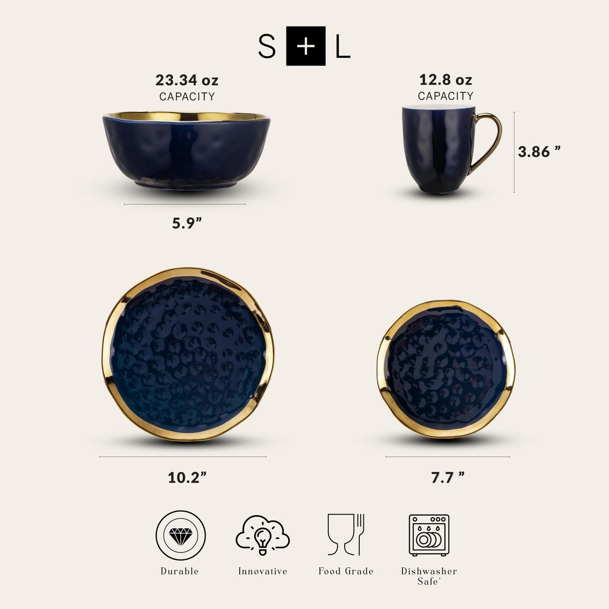 Porcelain 16 Piece Dinnerware Set (16-Pieces Service for 4 / Blue with Gold Rim)