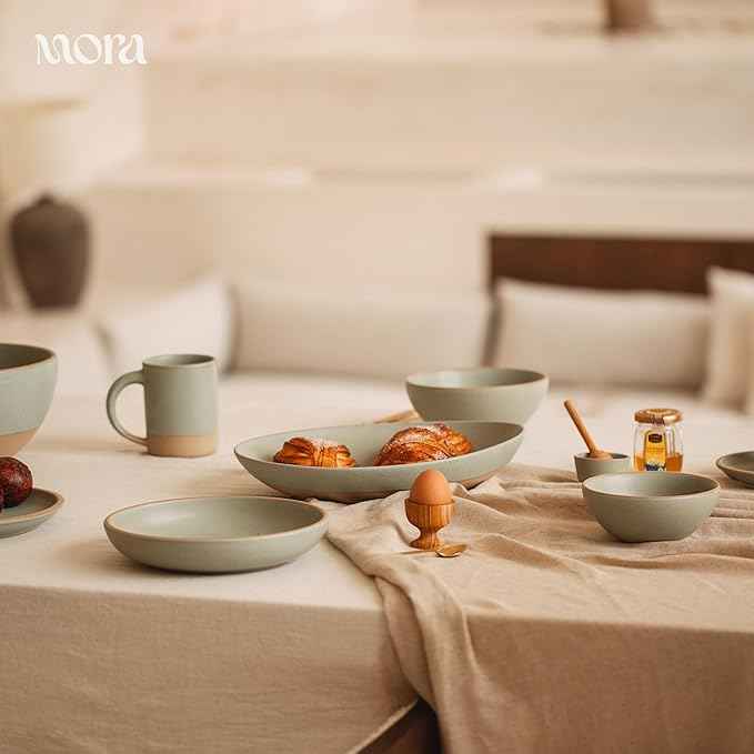 MORA Jumbo and Large Serving Dishes Set of 2, 13 inch and 12 inch Ceramic Pottery Oval Platters - Microwave, Oven and Dishwasher Safe - Thyme & Mushroom
