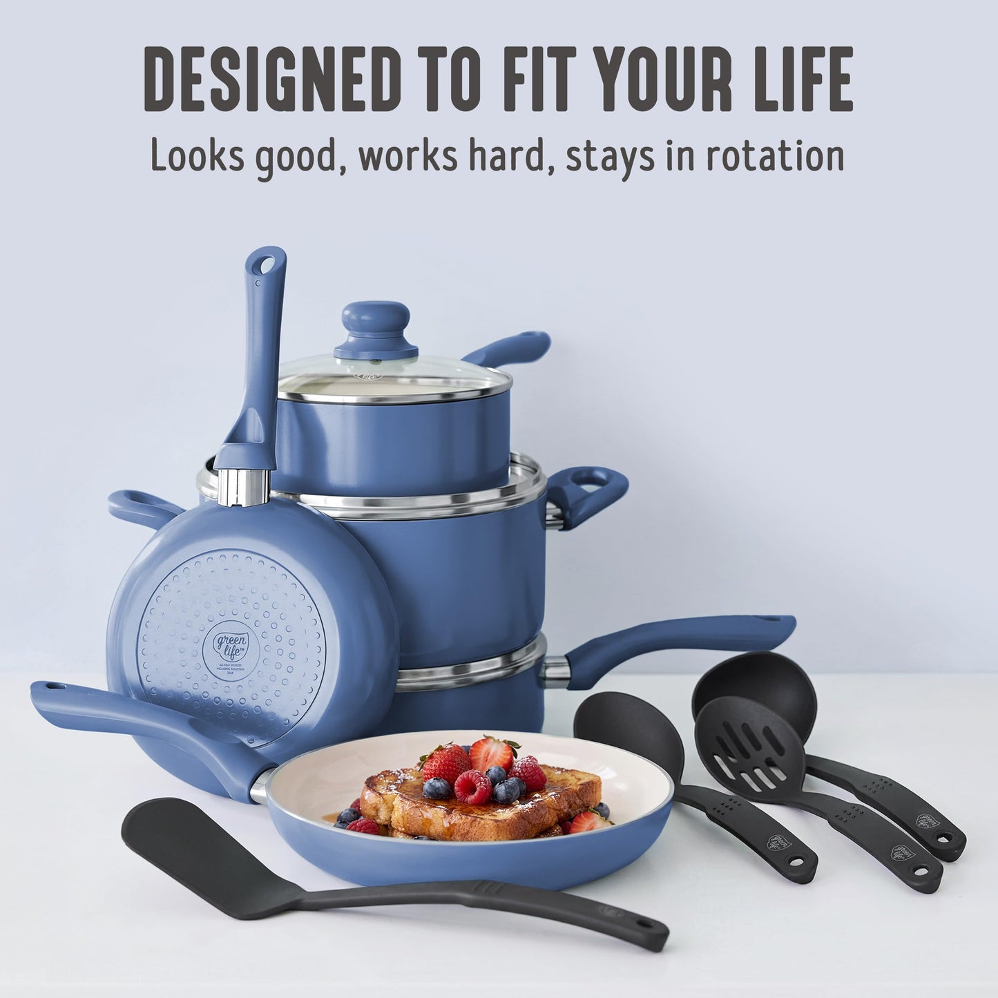 16pc Ceramic Nonstick Pots & Pans Cookware Set (16 Piece Cookware Set / Bloom / Slate Blue)