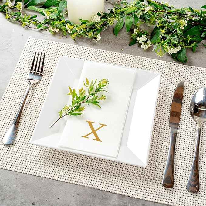 Luxenap 15.8 X 7.9 Inch Linen-Feel Guest Towels, 2000 Lettered Hand Towels - Gold Letter 'X', Sans Serif Font, White Paper Dinner Napkins, airlaid, For Restrooms And Tables - Restaurantware