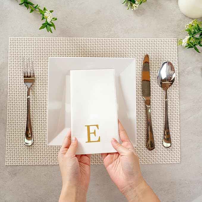 Luxenap 15.8 X 7.9 Inch Linen-Feel Guest Towels, 2000 Lettered Hand Towels - Gold Letter 'E', Sans Serif Font, White Paper Dinner Napkins, airlaid, For Restrooms And Tables - Restaurantware