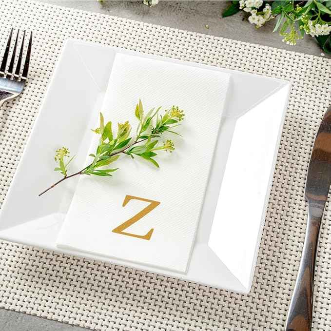 Luxenap 15.8 X 7.9 Inch Linen-Feel Guest Towels, 50 Lettered Hand Towels - Gold Letter 'Z', Sans Serif Font, White Paper Dinner Napkins, airlaid, For Restrooms And Tables - Restaurantware