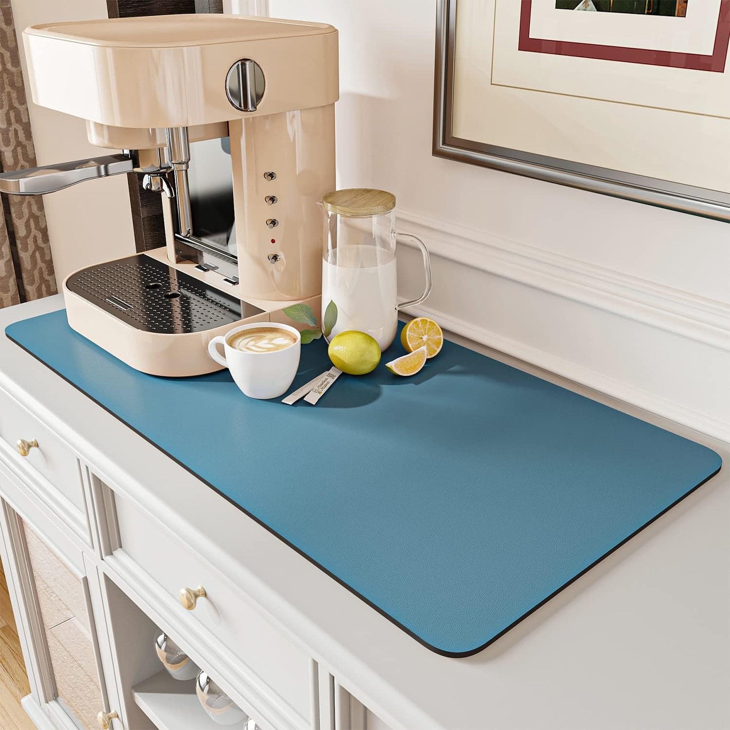 AMOAMI-Coffee Mat Hide Stain Rubber Backed Absorbent Dish Drying Mat for Kitchen Counter-Coffee Bar Accessories Fit Under Maker Machine Pot Espresso Machine Dish Rack Blue