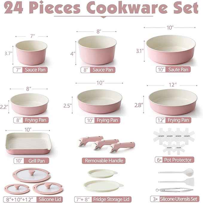 SENSARTE 24 Piece Ceramic Pots and Pans Set, Nonstick Detachable Handle Cookware, Induction Kitchen Cookware Set with Removable Handle, Healthy Non Stick for RV, Dishwasher＆Oven Safe, PFOA Free (Pink)