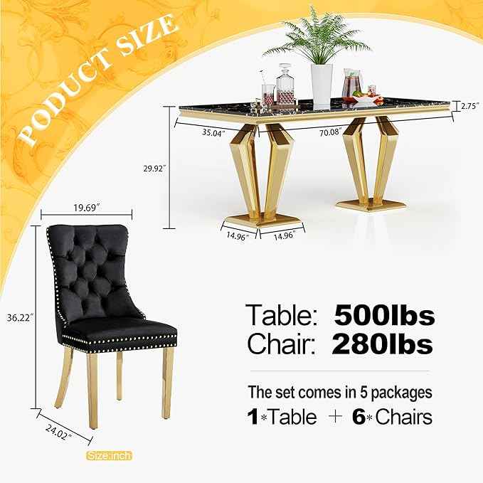 7 Piece Luxury Dining Room Set, Modern Dining Table and Upholstered Chairs Set, Marble Kitchen Table Set for 6, Big Kitchen Dinner Tables Kit with Silver Base