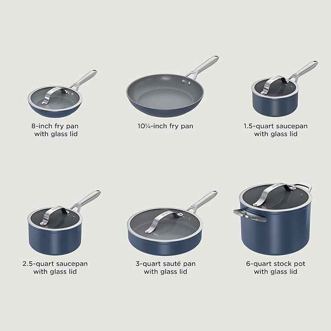 Ninja Ceramic Pro 11-Piece Cookware Set, Non-Stick Pots & Pans Set with Glass Lids, Nontoxic, PTFE Free, Ceramic Coated, Oven Safe, All Stovetops & Induction Compatible, Midnight Blue, CW39011MM