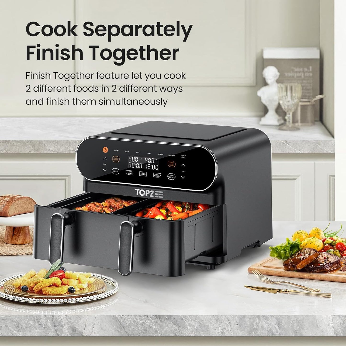 11-QT Large Air Fryer - 8 in 1 XL Airfryer with Flex Basket, Divider for Dual Cooking, Preheat, Air Fry, Roast, Broil, Bake, Reheat, Dehydrate, French Fries, Dishwasher Safe, Black