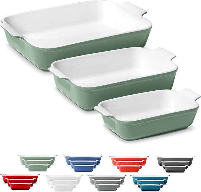Stoneware Casserole Dish Bakeware Set of 3 | Rectangular Dinnerware Set with Handles [Sage Green]