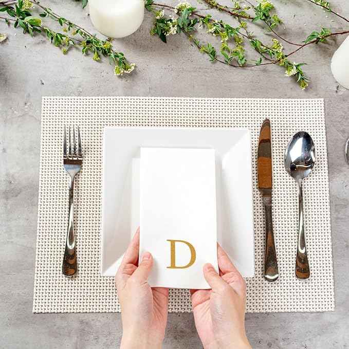 Luxenap 15.8 X 7.9 Inch Linen-Feel Guest Towels, 50 Lettered Hand Towels - Gold Letter 'D', Sans Serif Font, White Paper Dinner Napkins, airlaid, For Restrooms And Tables - Restaurantware