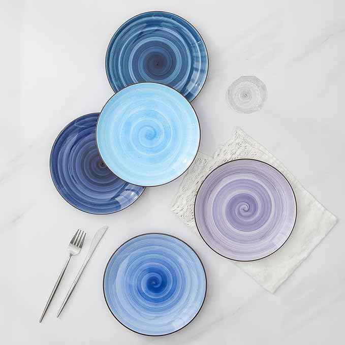Selamica Ceramic Dinnerware Sets for 6, 18 Pieces Plates and Bowls Set, Scratch Resistant Dishes Set, Handpainted Swirl with Spot Dishwasher & Microwave Safe, Gradient Blue