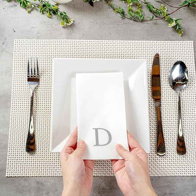 Luxenap 15.8 X 7.9 Inch Linen-Feel Guest Towels, 50 Lettered Hand Towels - Silver Letter 'D', Sans Serif Font, White Paper Dinner Napkins, airlaid, For Restrooms And Tables - Restaurantware