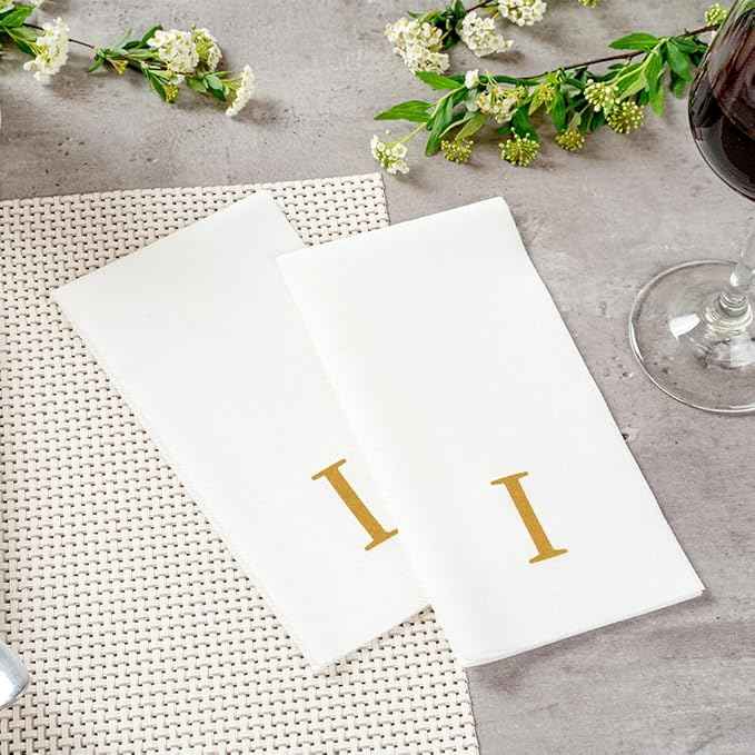 Luxenap 15.8 X 7.9 Inch Linen-Feel Guest Towels, 50 Lettered Hand Towels - Gold Letter 'I', Sans Serif Font, White Paper Dinner Napkins, airlaid, For Restrooms And Tables
