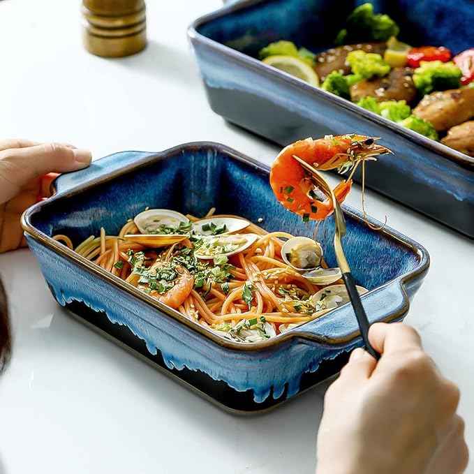 KOOV Bakeware Set, Ceramic Baking Dish, Rectangular Casserole Dish, Lasagna Pan, Baking Pans for Cooking, Cake Dinner, Kitchen, 9 x 13 Inches, Reactive Glaze 3-Piece (Nebula Blue)