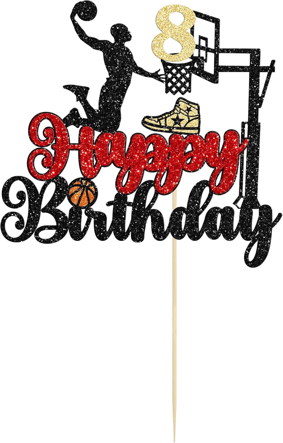 1Pc 8th Birthday Basketball Cake Topper Glitter Basketball Sports Theme Cake Pick for Baby Shower 8th Birthday Cake Decorations Party Supplies Black