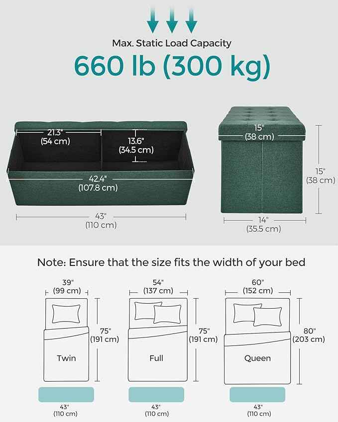 SONGMICS MAZIE Collection - 43 Inches Folding Storage Ottoman Bench, Ottoman Foot Rest, End of Bed Bench, Storage Chest, Load 660 lb, for Living Room, Bedroom, Entryway, Retro Green ULSF077C01
