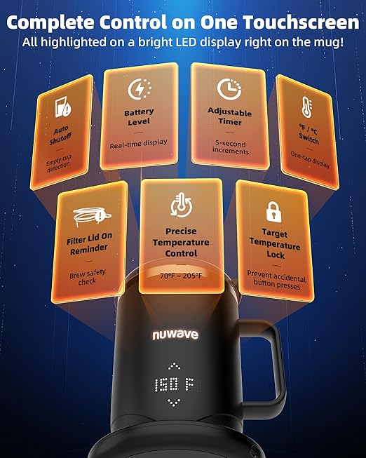 Nuwave Smart Heated Coffee Mug Rechargeable, 16oz Self Heating Temperature Control Mug with LED Display, Custom Brew Modes, Double-Wall Vacuum Insulation, 5-Hour Battery Life, Auto Shut-Off