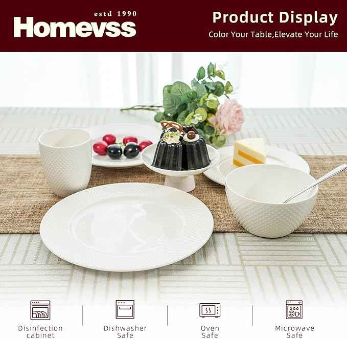 HomeVss, New Bone China Dinnerware Set, Embossed Rain Drops Design, 20pc Set