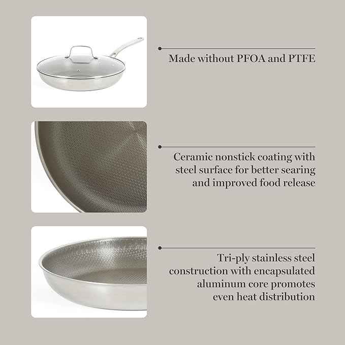 Martha Stewart Badgley Hybrid Nonstick 12 Inch TriPly Stainless Steel Large Fry Pan With Lid & Stay Cool Handle - Laser Etched Non-Toxic Perfect Sear Nonstick Skillet - Dishwasher and Induction Safe