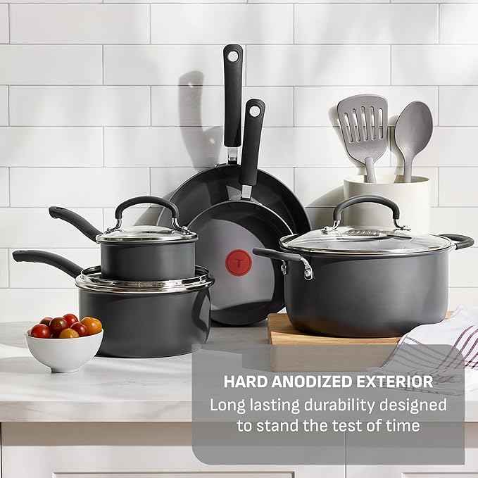 T-Fal Ultimate Hard Anodized Nonstick 10 Piece Cookware Set, Oven Safe Up to 400°F, Dishwasher Safe, Pots and Pans Set, Includes Frying Pans, Saucepan, Stockpot, Cooking Utensils, Grey