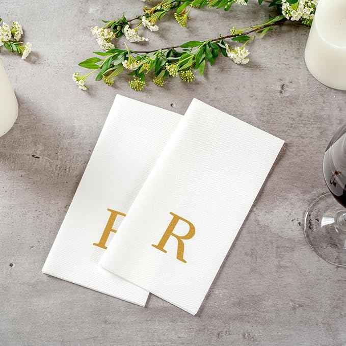 Luxenap 15.8 X 7.9 Inch Linen-Feel Guest Towels, 2000 Lettered Hand Towels - Gold Letter 'R', Sans Serif Font, White Paper Dinner Napkins, airlaid, For Restrooms And Tables