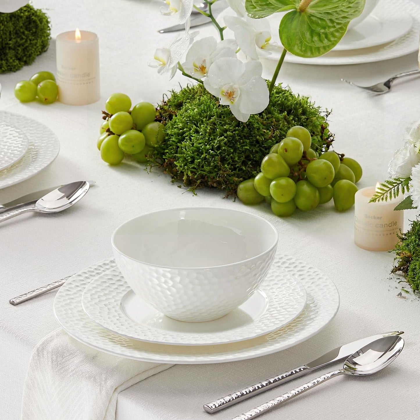 18Pcs Hammered Rim White Bone China Set (White-hammered / service for 6-18pcs)