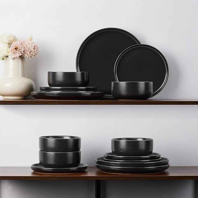 E-far Stoneware Dinnerware Sets for 2, 6-Piece Plates and Bowls Set, Modern Ceramic Dishes Dinning Ware, Microwave & Dishwasher Safe - Matte Black