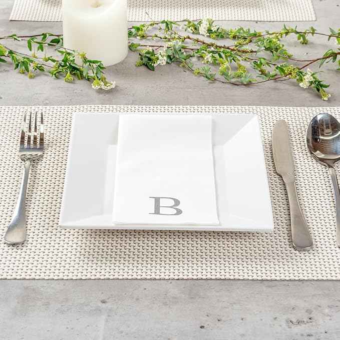 Luxenap 15.8 X 7.9 Inch Linen-Feel Guest Towels, 50 Lettered Hand Towels - Silver Letter 'B', Sans Serif Font, White Paper Dinner Napkins, airlaid, For Restrooms And Tables - Restaurantware